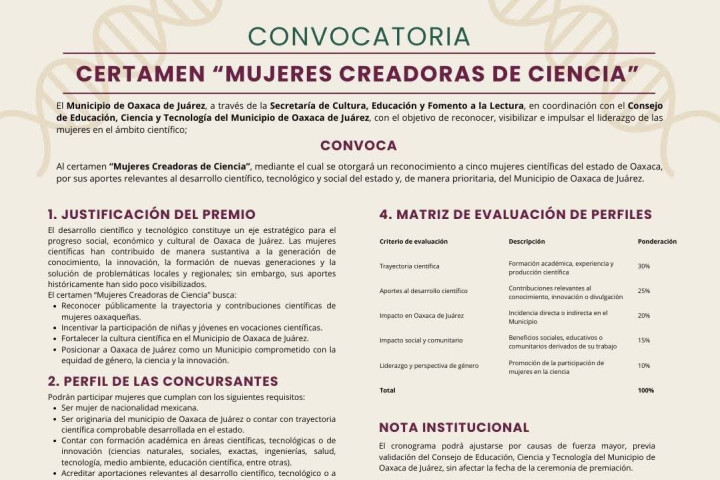 Oaxaca de Juárez convoca al certamen “Mujeres Creadoras de Ciencia”
