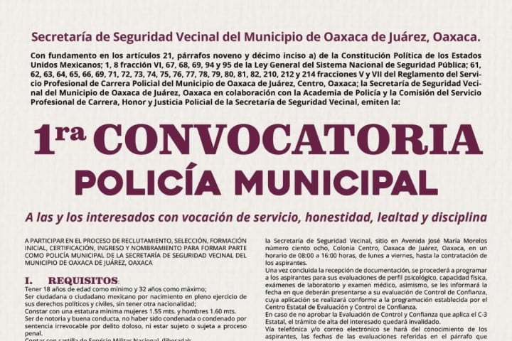 Emite Oaxaca de Juárez convocatoria para integrar la Policía Municipal